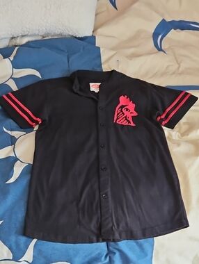 Men's Black Baseball-Style Shirt with Pink Rooster Logo